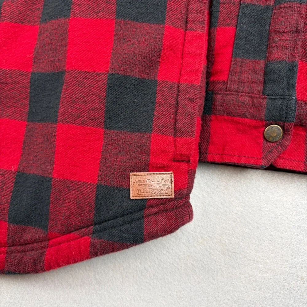 LL Bean Sherpa Lined Scotch Plaid Flannel Shirt Jacket Mens XL Red Buffalo Snap